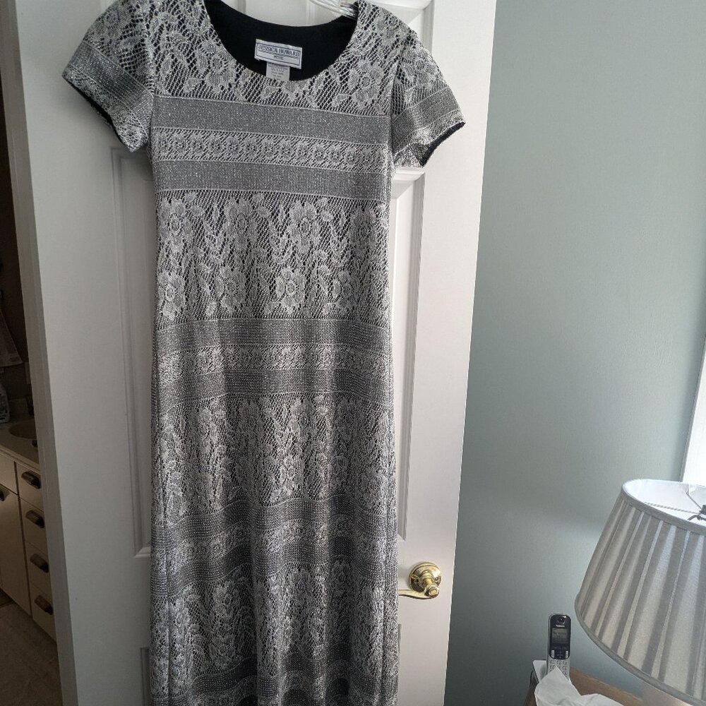 Jessica Howard VIntage 90's  Petite Maxi Silver and Black Dress-  Size 6 petite